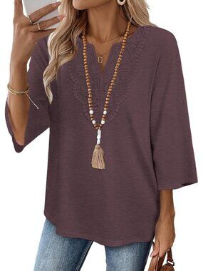 Women's Top Deep Plum 3/4 Length Sleeve Boho V Neck Lace Casual Vacation Clothes